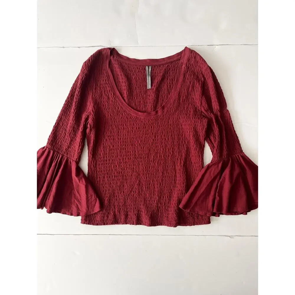 Anthropologie Shirt Womens M Maroon Red Smocked Bell Sleeve Scoop Neck Knit Top
